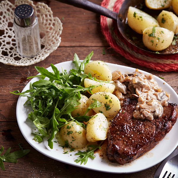 Rump Steak with Mushroom Sauce & Baby Potatoes