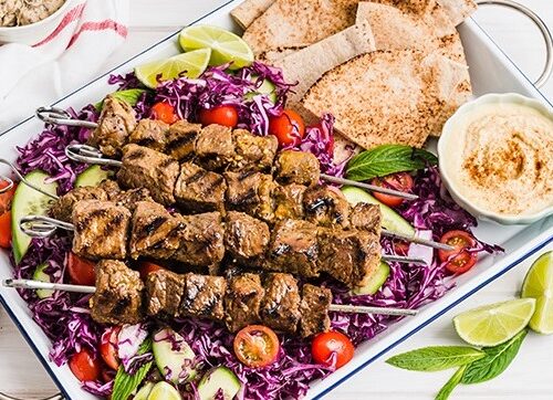 Moroccan Kebabs with Red Cabbage Slaw